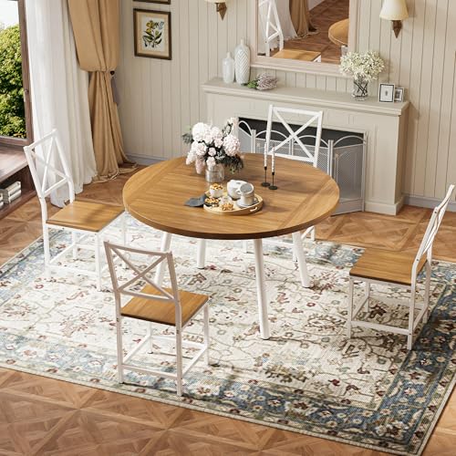 IRONCK Dining Table Set for 4, Round Kitchen Table and 4 Stool Chair for Dining Room, 44.5inch Drop Leaf Desk, Small Space Saving