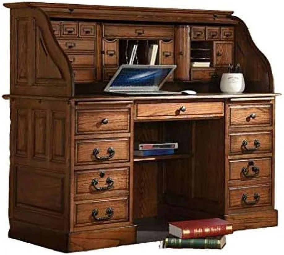 Popular Top Desk Solid Oak Wood - 54 Inch Deluxe Executive Rolltop Desk Burnished Walnut Stain for Home Office Secretary Organizer Roll Hutch Top Easy Assembly Quality Crafted Constructio