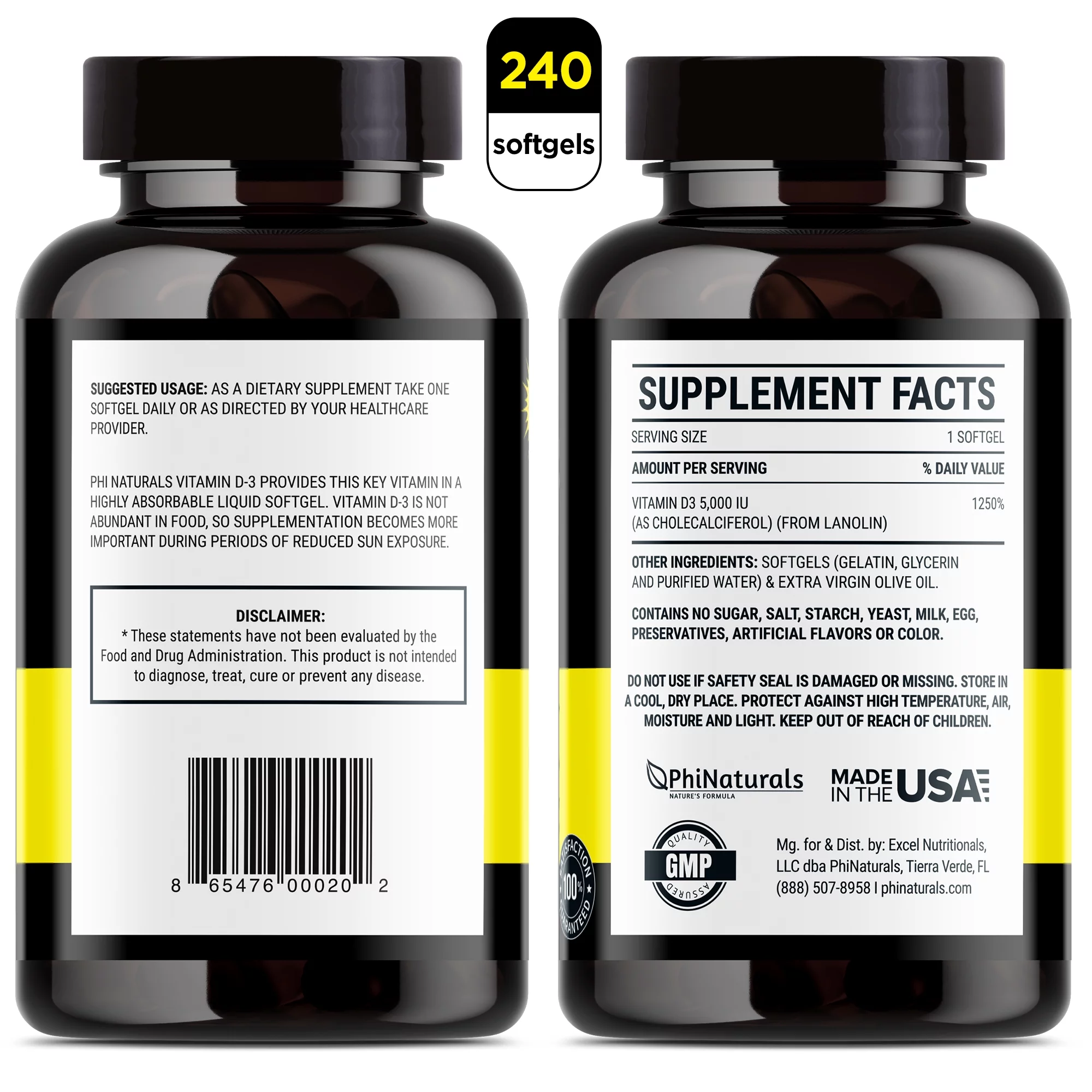 Vitamin D3 5000 IU Supplement (Pack of 2) Capsule by Phi Naturals