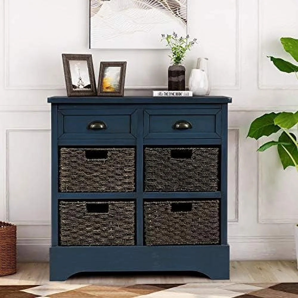 HOOMHIBIU Farmhouse Wicker  Cabinet with 2 Drawers and 4 Baskets  Living Room Bedroom Wooden Chest of Drawers  Fully Assembled  28" W x 11.8" D x 28" H