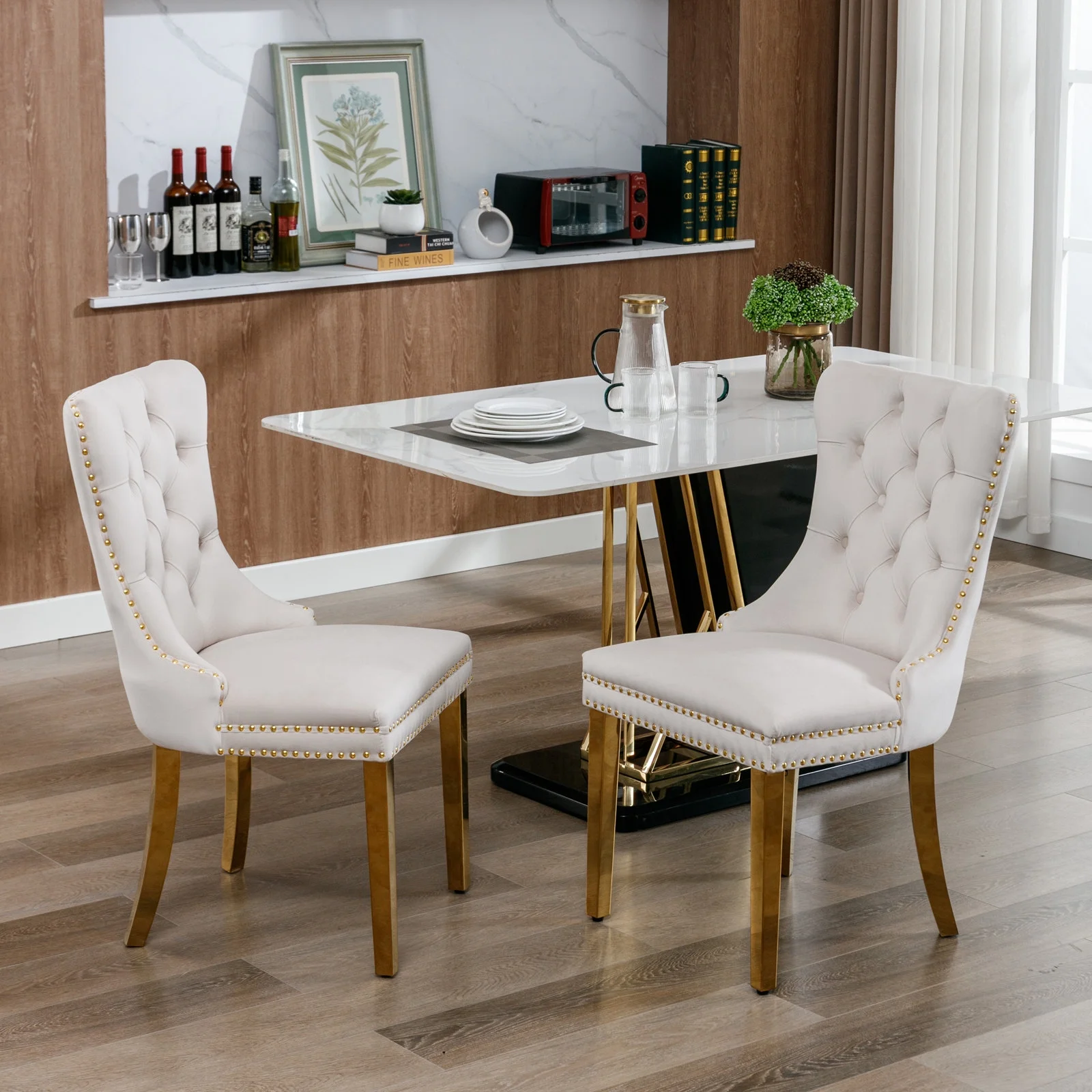 Glavbiku Modern High End Velvet Dining Chair Set of 2,Dining Room Rivets Chairs with Gold Legs,Beige