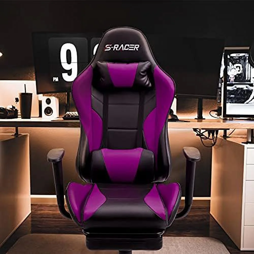 Gaming Chair Massage Computer Office Chair Ergonomic Desk Chair with Footrest Racing Executive Swivel Chair Adjustable Rolling Task Chair (Black)