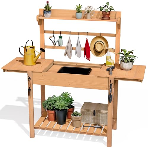 DWVO Outdoor Potting Bench Table with Sink & Sliding Top, Wooden Garden Workbench with Storage Shelves, Hooks & Solid Wood Frame for Patio, Porch, Balcony Use