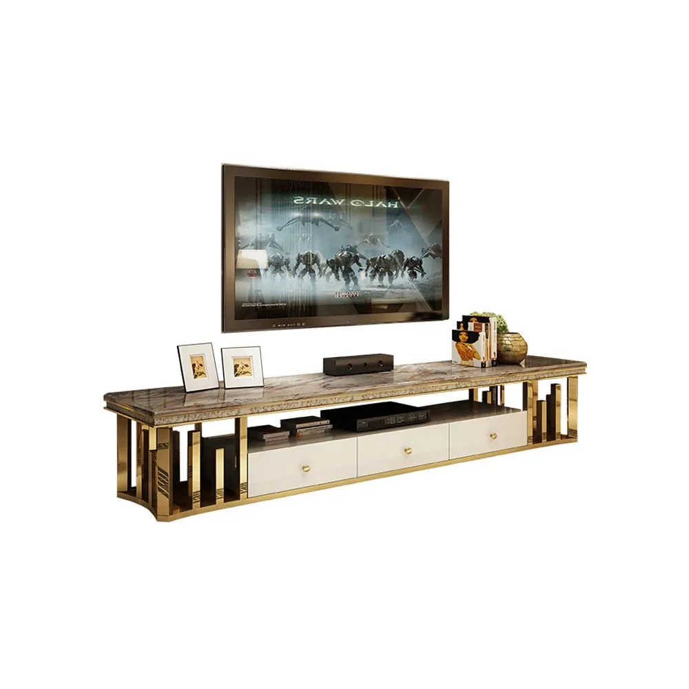 MANBAS Modern Living Room Furniture: Natural Marble Stainless Steel TV Stand Gold  TV Table for Home Decor Stylish TV Cabinet