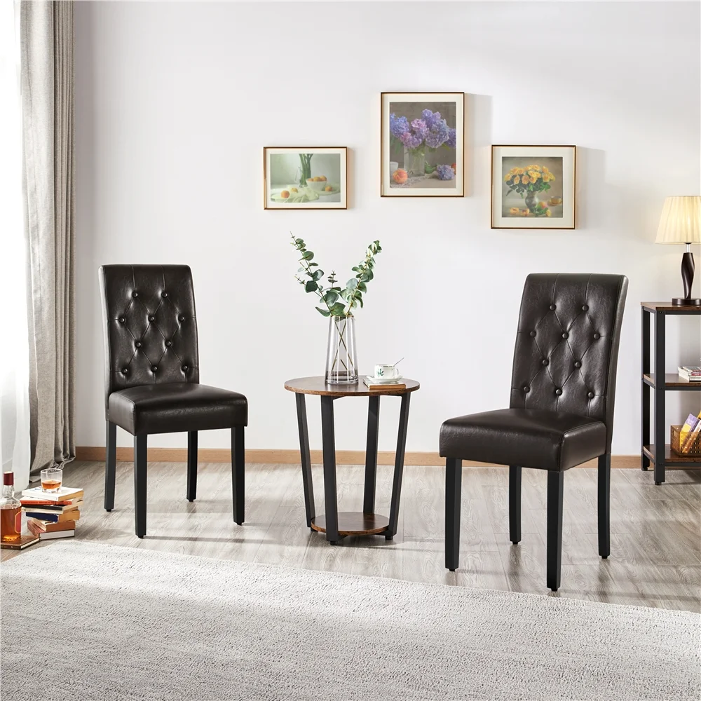 Topeakmart 2pcs Tufted Padded Faux Leather Dining Chair Kitchen Chair with Solid Wood Legs, Brown
