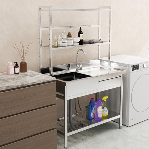 39'' Stainless Steel Utility Sink, Free Standing Commercial Single Bowl Sink with Shelves & Right Drawer & Cold and Hot Water Pipe, Indoor and Outdoor Sink for Laundry Room, Garage, Kitchen