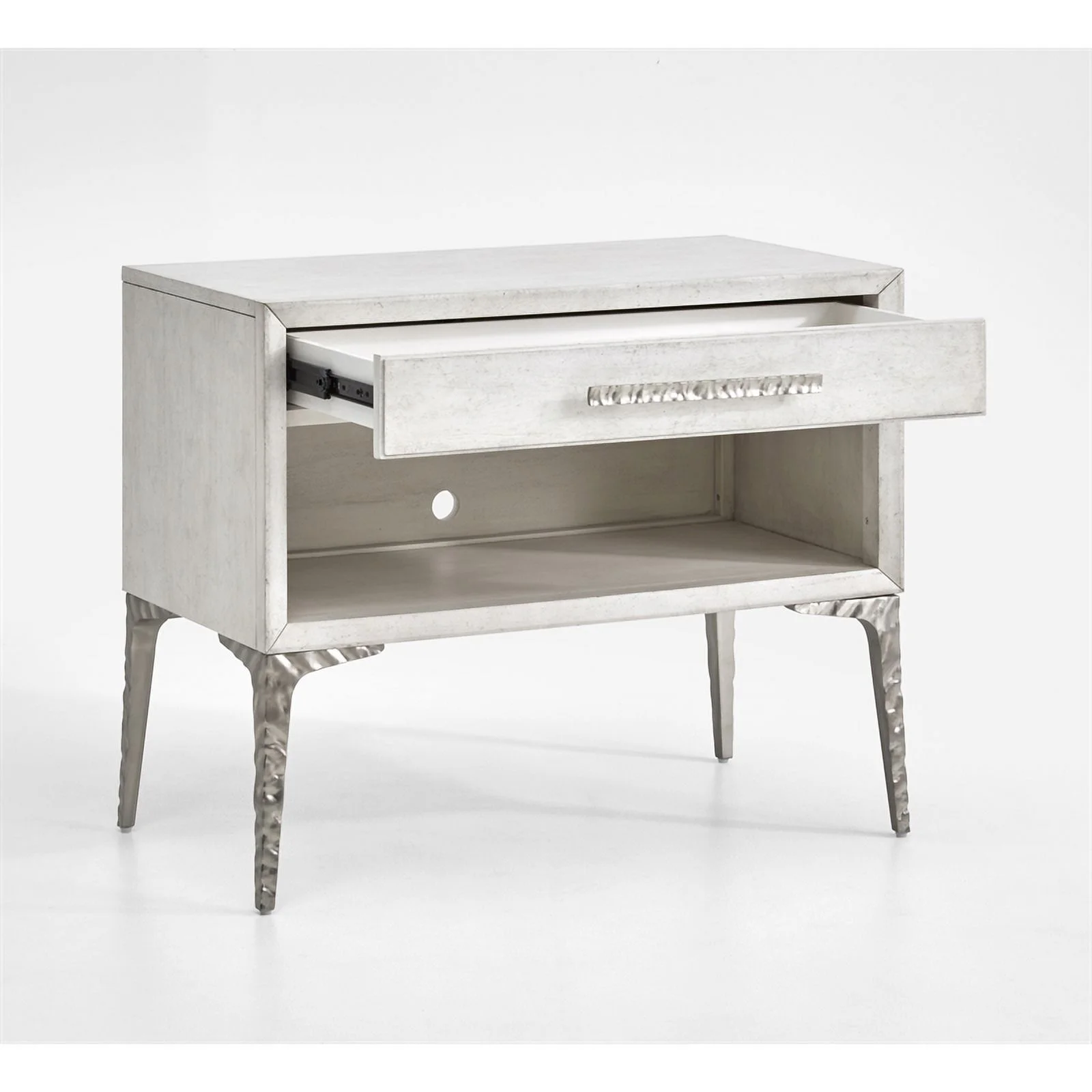 Maddie Home 1-Drawer Solid Wood / Metal Accent Nightstand in White / Silver Fog