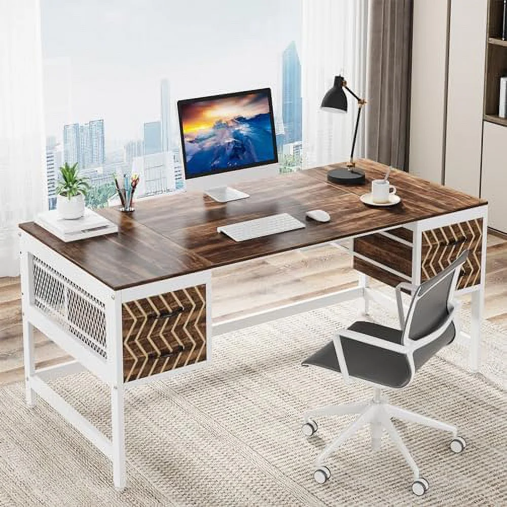NLIBOOMLife Home Office Desk with Drawers  63" Computer Executive Desk with 4  Drawers  Wood Farmhouse Study Writing Table  Herringbone Business  for Home Office