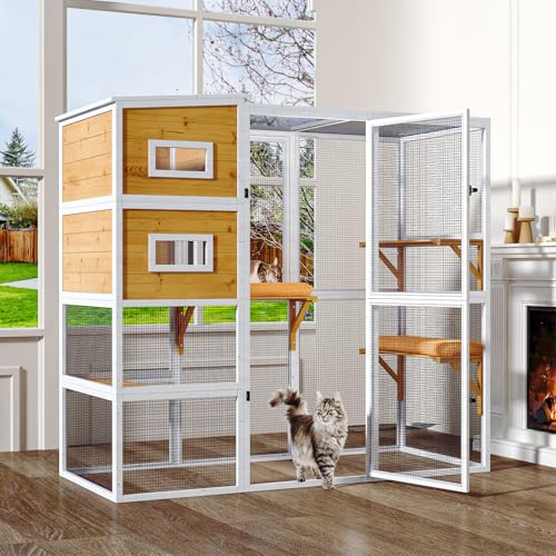 Catio Outdoor Cat Enclosure, Large Cat House for Mulitiple Cats Walk in Cat Cage with Waterproof Cover and Sunshine Panel Roof, Feral Cat Shelter with 7 Platforms and 2 Resting Box, 72 inch