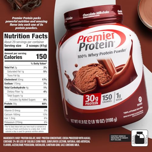 Premier Protein Powder, Vanilla Milkshake, 30g Protein, 1g Sugar, 100% Whey Protein, Keto Friendly, No Soy Ingredients, Gluten Free, 17 Servings, 23.3 Ounces