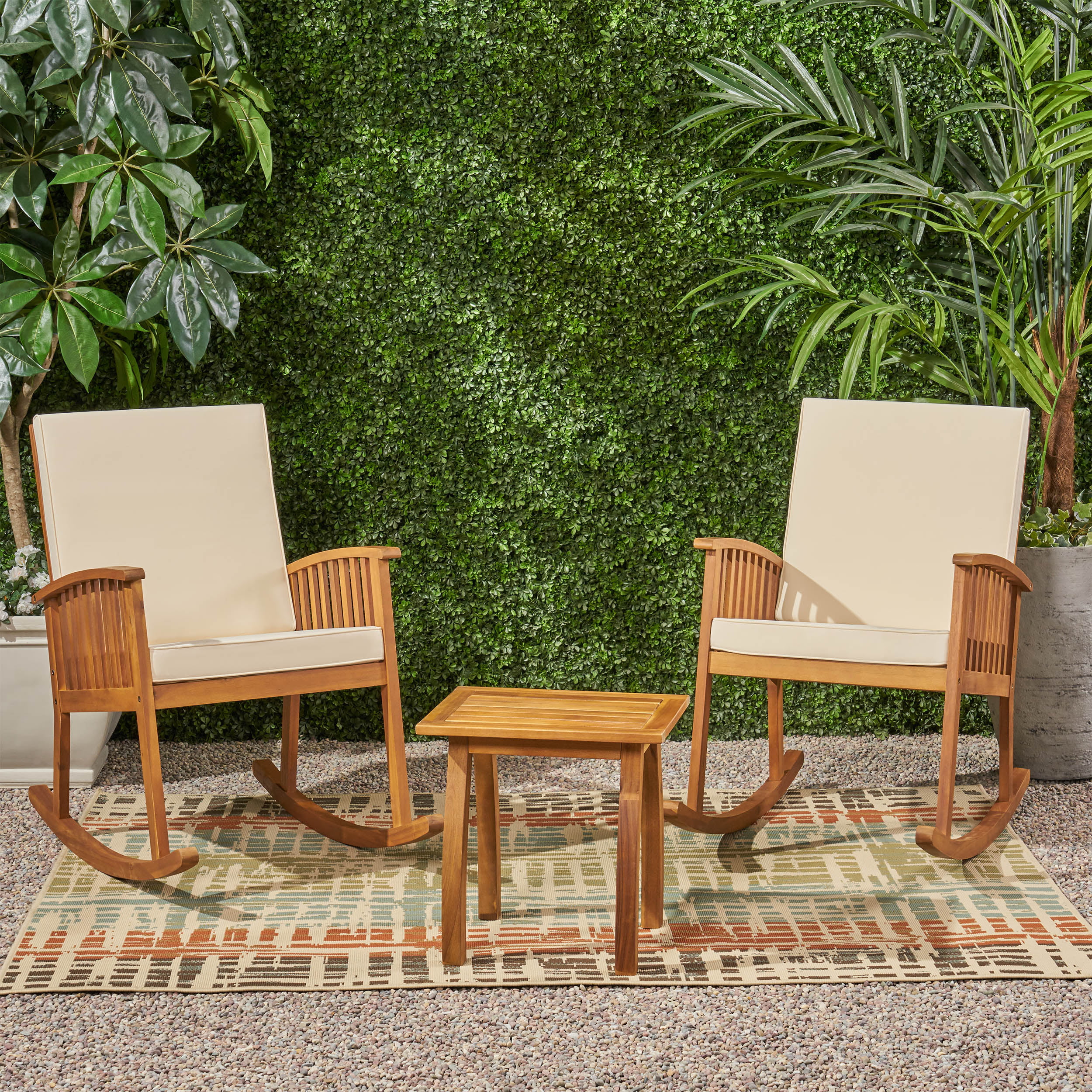 Dennis Outdoor 2 Seater Acacia Wood Rocking Chairs and Side Table Set, Brown, Cream