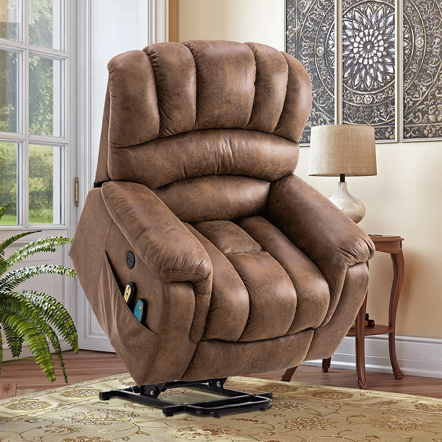 OUINCH Large Power Lift Recliner Chair with Massage and Heat for Elderly Big Man, Extra Wide & Oversized Electric Recliner with 2 Remote Controls, 2 USB Ports & 2 Side Pockets, 350lbs Capacity