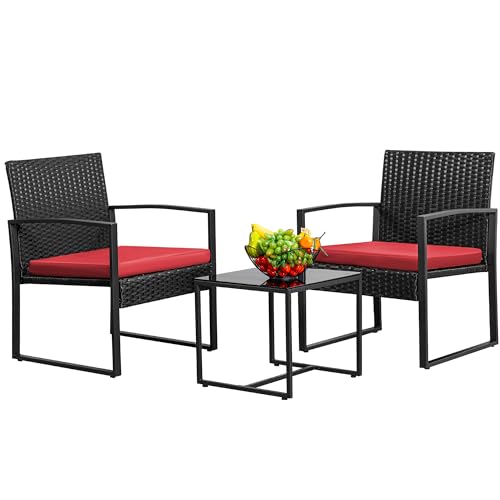 Greesum 3 Piece Wicker Conversation Bistro Sets Outdoor Patio Set Modern Rattan Chair Furniture Sets with Coffee Table for Yard Garden Porch Lawn (Black)