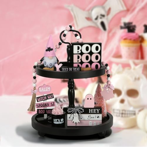 Bundle of 8 PCS Halloween Decorations and Wooden Two Tiered Tray Stand