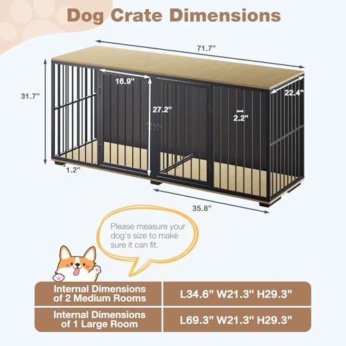 EBE Dog Crate Furniture, 71.6'' Metal Steel Frame Double Dog Kennel with 2 Rooms and Removable Divider, Heavy Duty Dog Crate Table Indoor TV Stand for Small Medium Large Dogs Black