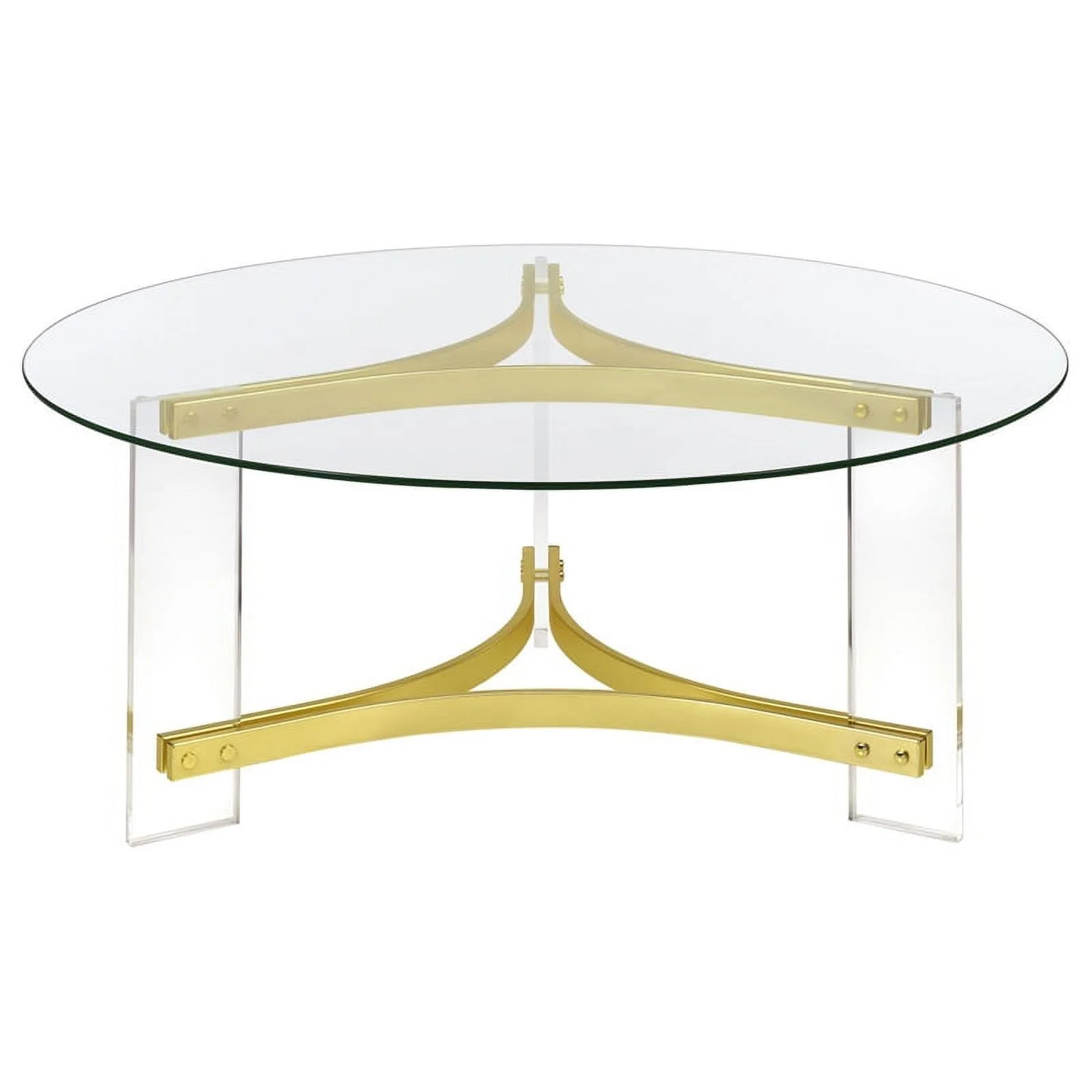 Pemberly Row Round Glass Coffee Table with Acrylic Legs in Clear and Brass
