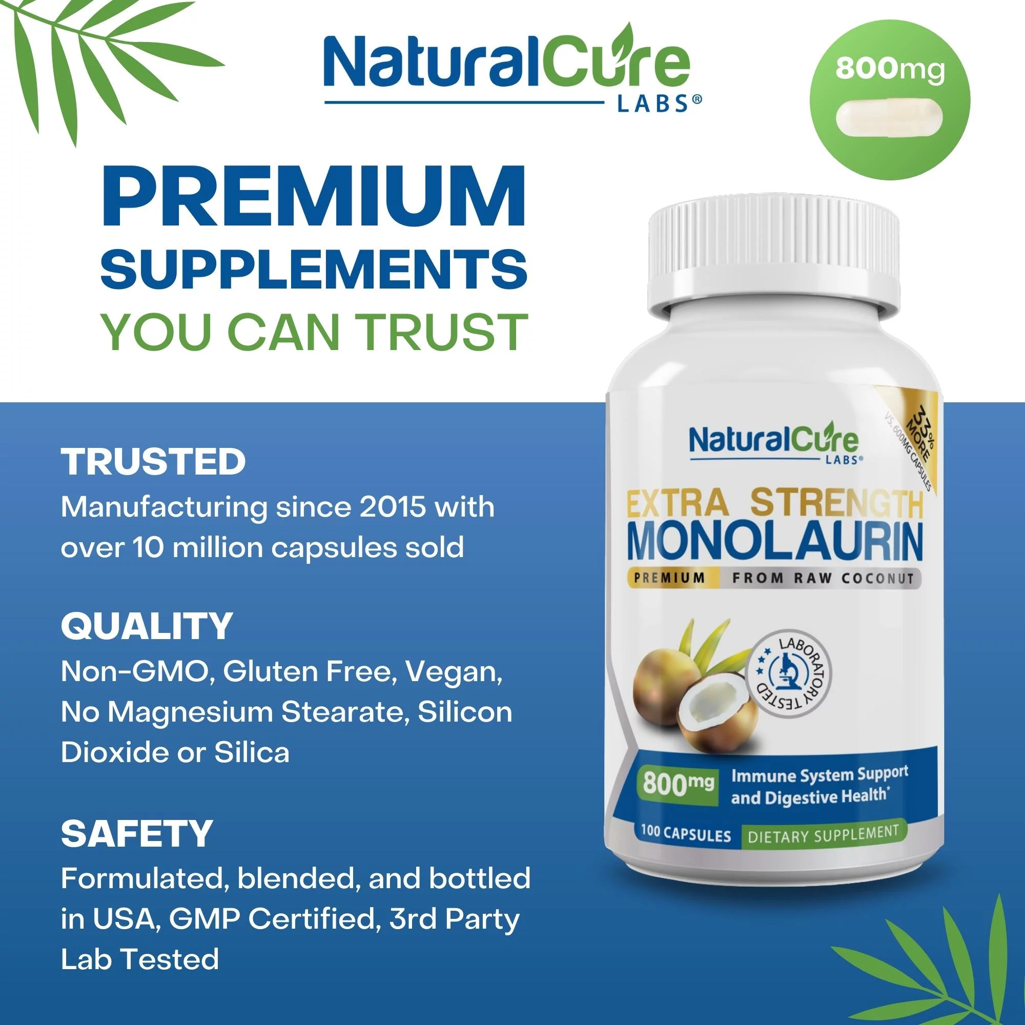 Natural Cure Labs Extra Strength Monolaurin from Lauric Acid, 800mg Per Capsule, 100 Count |  Vegan, Non-GMO, & Gluten Free Supplement, 1600mg Per Serving