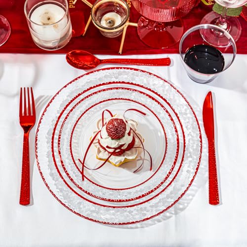 Ciaell 350PCS Clear Plastic Plates with Gold Trim for 50 Guests, Disposable Dinnerware Set for Wedding & Thanksgiving, Includes 100 Plastic Plates, 50 Pre Rolled Napkins with Gold Silverware, 50 Cups