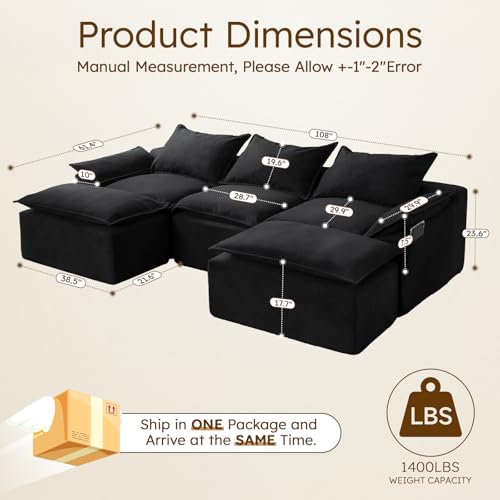 Vamcheer U Shaped Cloud Couch, Utra Soft Sectional Couch with 2 Movable Chaise, Deep Seat Modular Sofa for Living Room, Bedroom, Office, No Assembly Required, Black