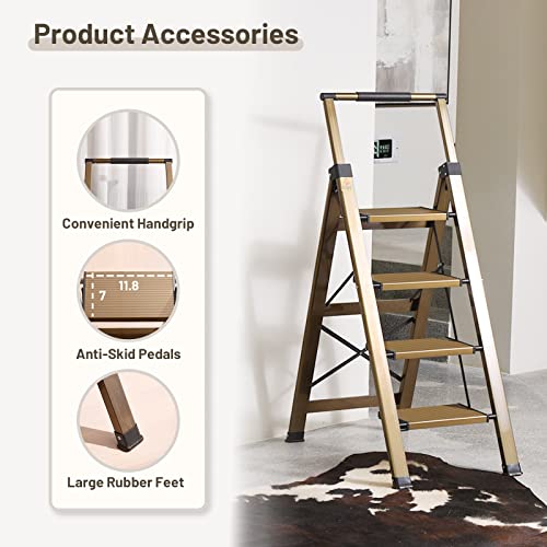 XinSunho 5 Step Ladder, Retractable Handgrip Folding Step Stool with Anti-Slip Wide Pedal, Aluminum Stool Ladders 5 Steps, 330lbs Safety Household Ladder