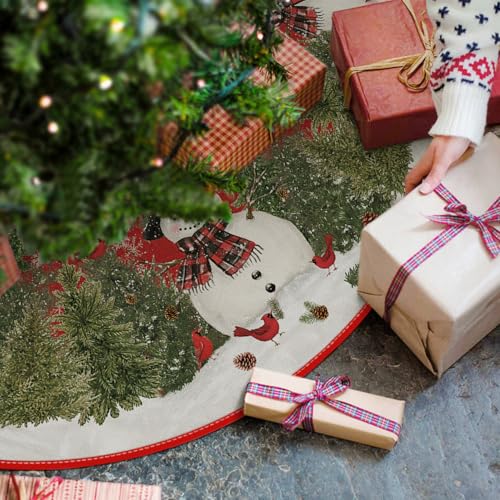 AVOIN colorlife Cardinals Cedar Snowman with Scarf Christmas Tree Skirt, Xmas Winter Holiday Party Tree Mat Indoor Outdoor Decoration 36 Inch