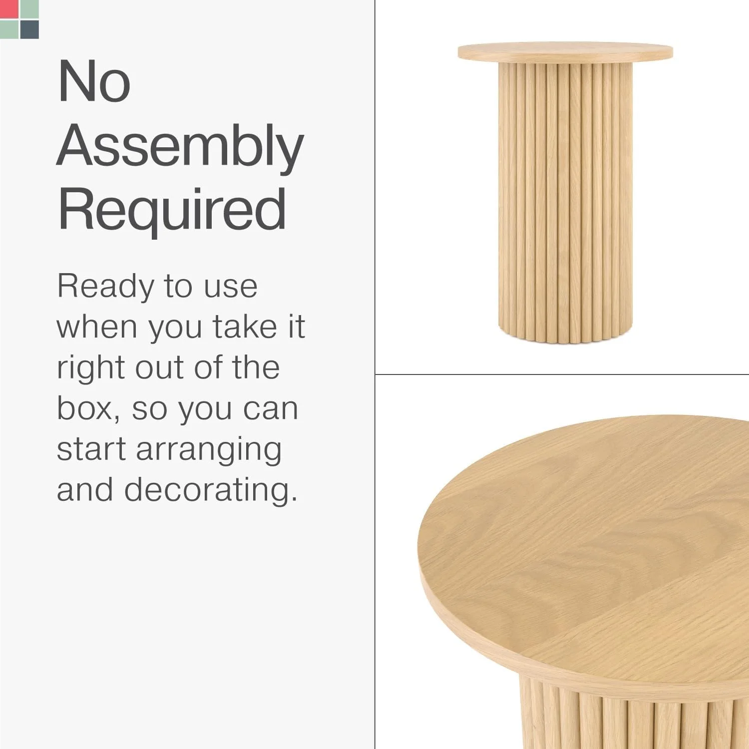 Round Fluted Accent Side Table - Pedestal Drink Table - Modern Home, Bedroom, and Living Room Furniture - Small Wooden Round End Table with a Solid Oak Base and Wood Veneer Top (Natural Oak Finish)