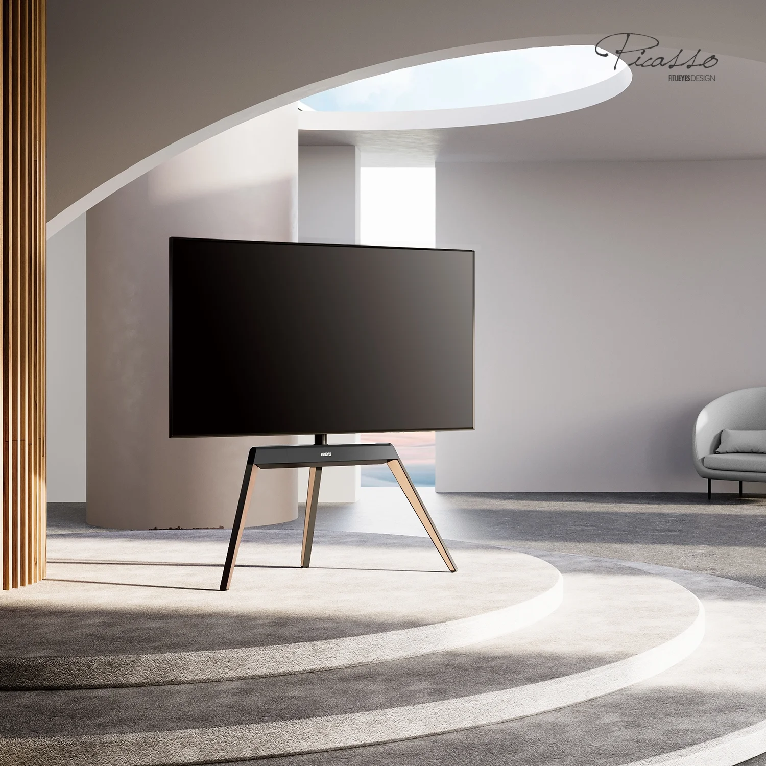 FITUEYES Design Corner TV Stand for 55 65 70 75 78 Inch TV, Easel TV Stand for Bedroom, Living Room and More, Modern TV Stand with Cable Management, Picasso Series.