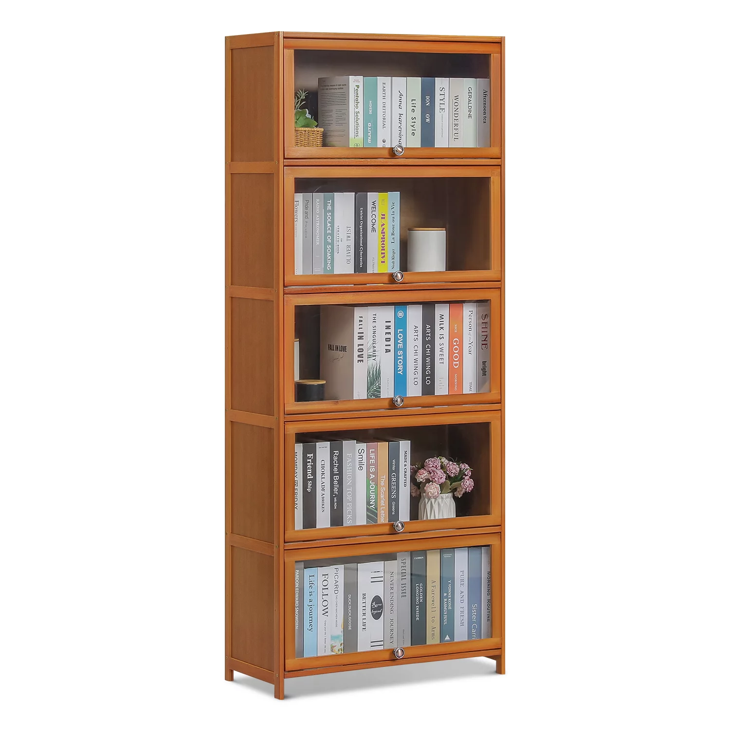 Magshion Bamboo/Acrylic 5 Shelves Bookcase with Door, Display Storage Rack, Brown, for Living Room