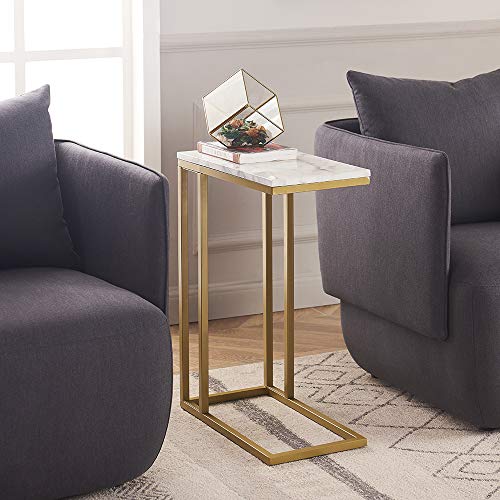 C-Shape Side End Table, Faux Marble Tray Snack Table with Metal Frame, Laptop Coffee Holder, Modern Furniture (Silver)