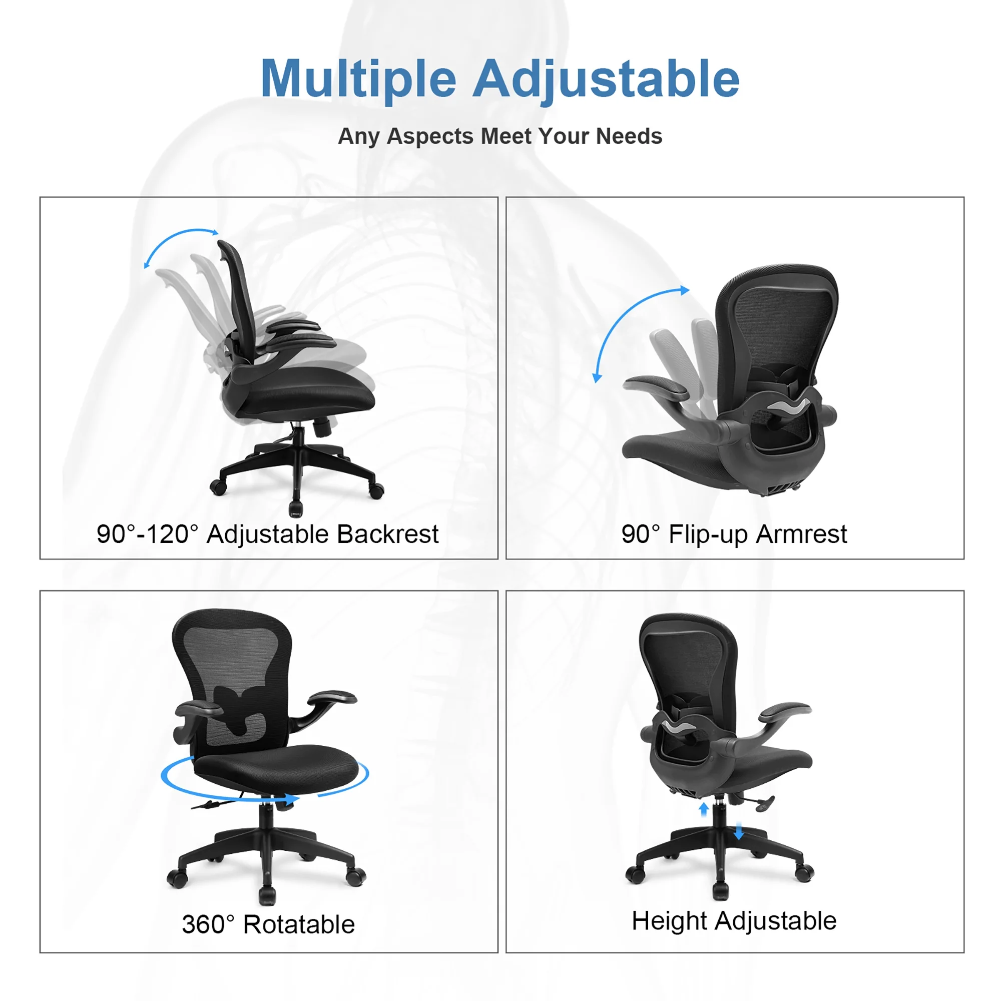 COMHOMA Office Chair Ergonomic Mesh Mid Back Task Chair with Flip-up Arms, Black