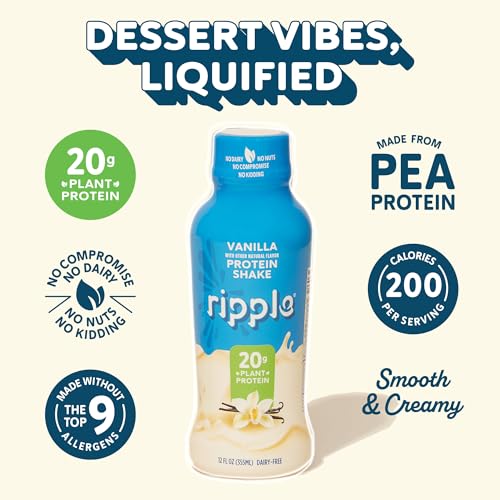 Ripple Vegan Protein Shake | Chocolate | 20g Nutritious Plant Based Pea Protein | Shelf Stable | No GMOs, Soy, Nut, Gluten, Lactose | 12 Oz, 12 Pack