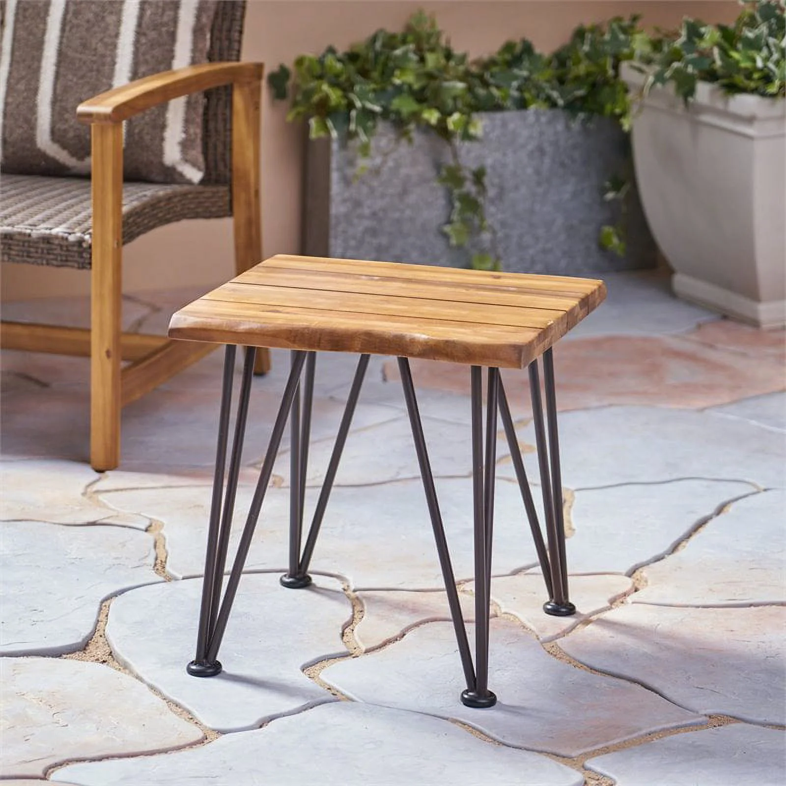 Afuera Living Iron and Acacia Wood Outdoor Side Table in Natural