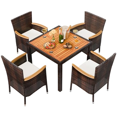 Shintenchi 5 Pieces Patio Dining Set, Wicker Patio Furniture Set with Wood Table Top, Outdoor Dining Table and Chairs with Soft Cushions for Backyard, Deck and Garden, Brown Rattan