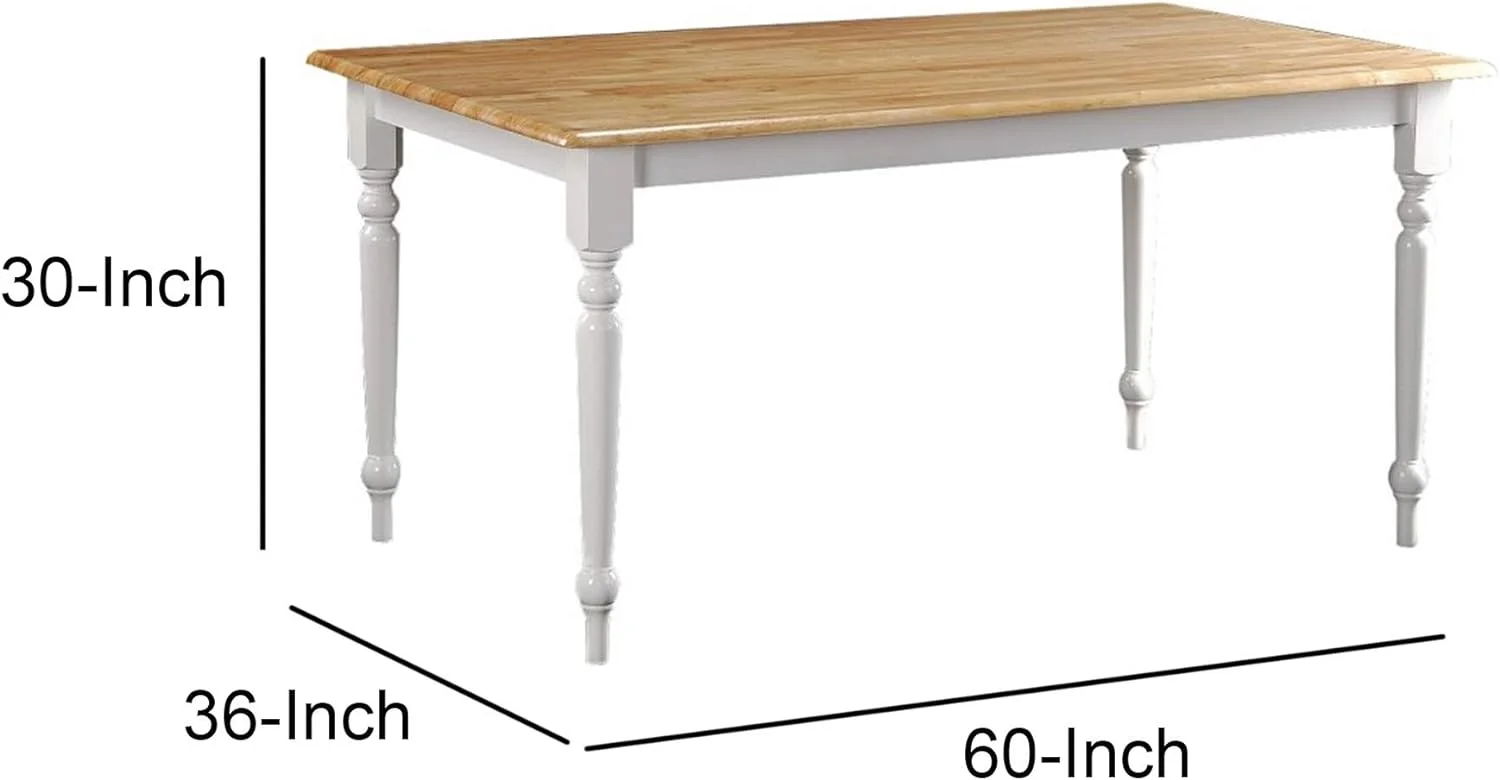 Grained Rectangular Wooden Dining Table With Turned Legs, Brown And White