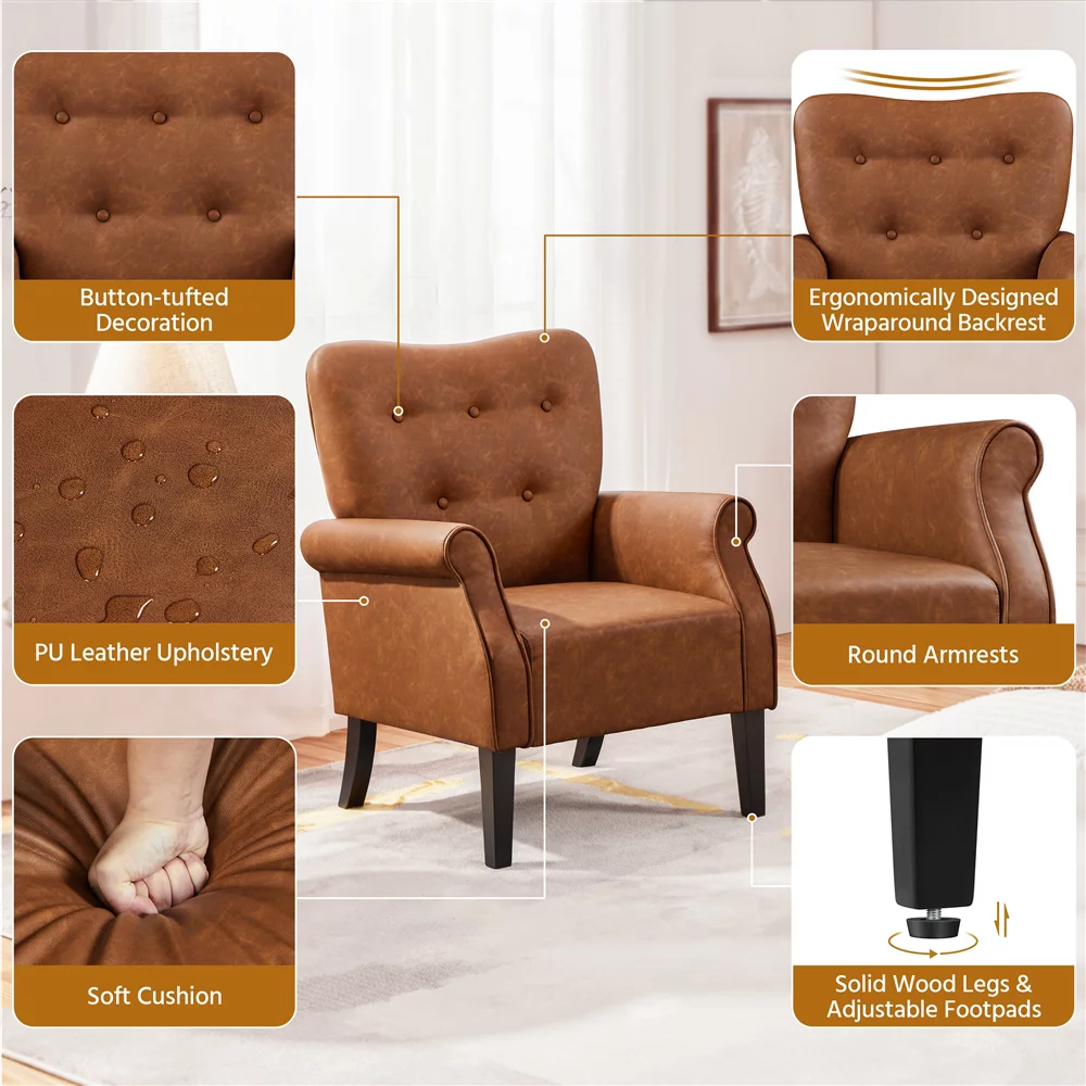 Yaheetech Set of 2 Mid-century Modern Faux Leather Accent Chair,Retro Brown