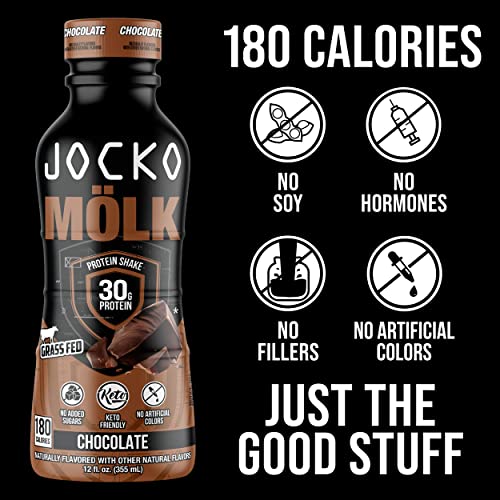 Jocko Mölk 30g Grass Fed Protein Shakes – No Added Sugar Protein Drinks KETO Friendly - Ready to Drink 12 FL Oz (Pack of 12) Chocolate