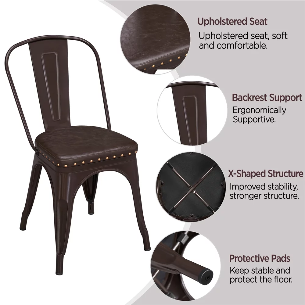 SMILE MART Industrial Metal Studded Dining Chair with Cushion, Set of 4, Brown