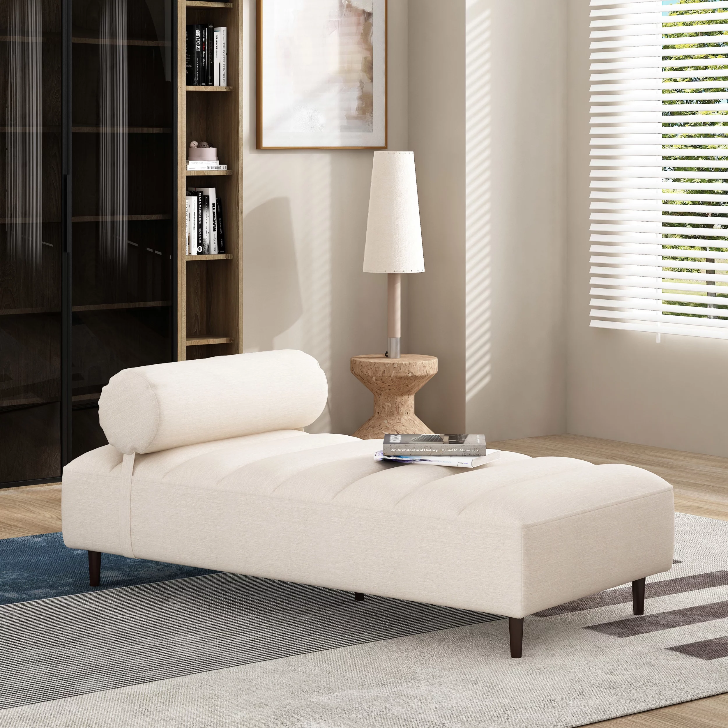 Noble House Lancer Fabric Tufted Chaise Lounge with Bolster Pillow, Beige and Natural Walnut