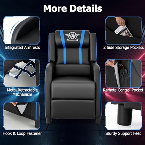 Giantex Gaming Massage Recliner Chair - Racing Style Gaming Sofa Chair with Reclining Backrest, Massage Lumbar Pillow, Retractable Footrest, Home Theater Seating with Bluetooth Speaker (Blue)