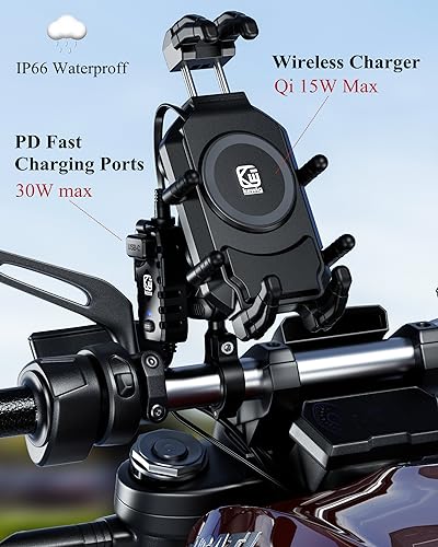 BRCOVAN Motorcycle Phone Mount with Qi 15W Wireless Charger & 30W PD/USB-C Fast Charging Port, Anti-Theft Motorcycle Handlebar Cell Phone Holder with Vibration Dampener for 5.4''-7.2'' Smartphones