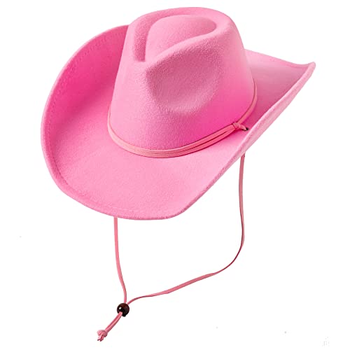 Lanzom Women Men Retro Felt Wide Brim Western Cowboy Cowgirl Hat Dress Up Hat with Wind Lanyard