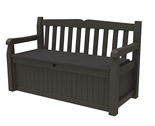 Keter Solana 70 Gallon Storage Bench Deck Box for Patio Storage, Front Porch Decor and Outdoor Seating – Perfect to Store Garden Tools and Pool Floats, Graphite