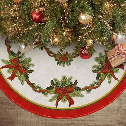 AVOIN colorlife Christmas Tree Skirt 48 Inch, Christmas Ribbon Holly Winter Holiday Tree Mat Decoration