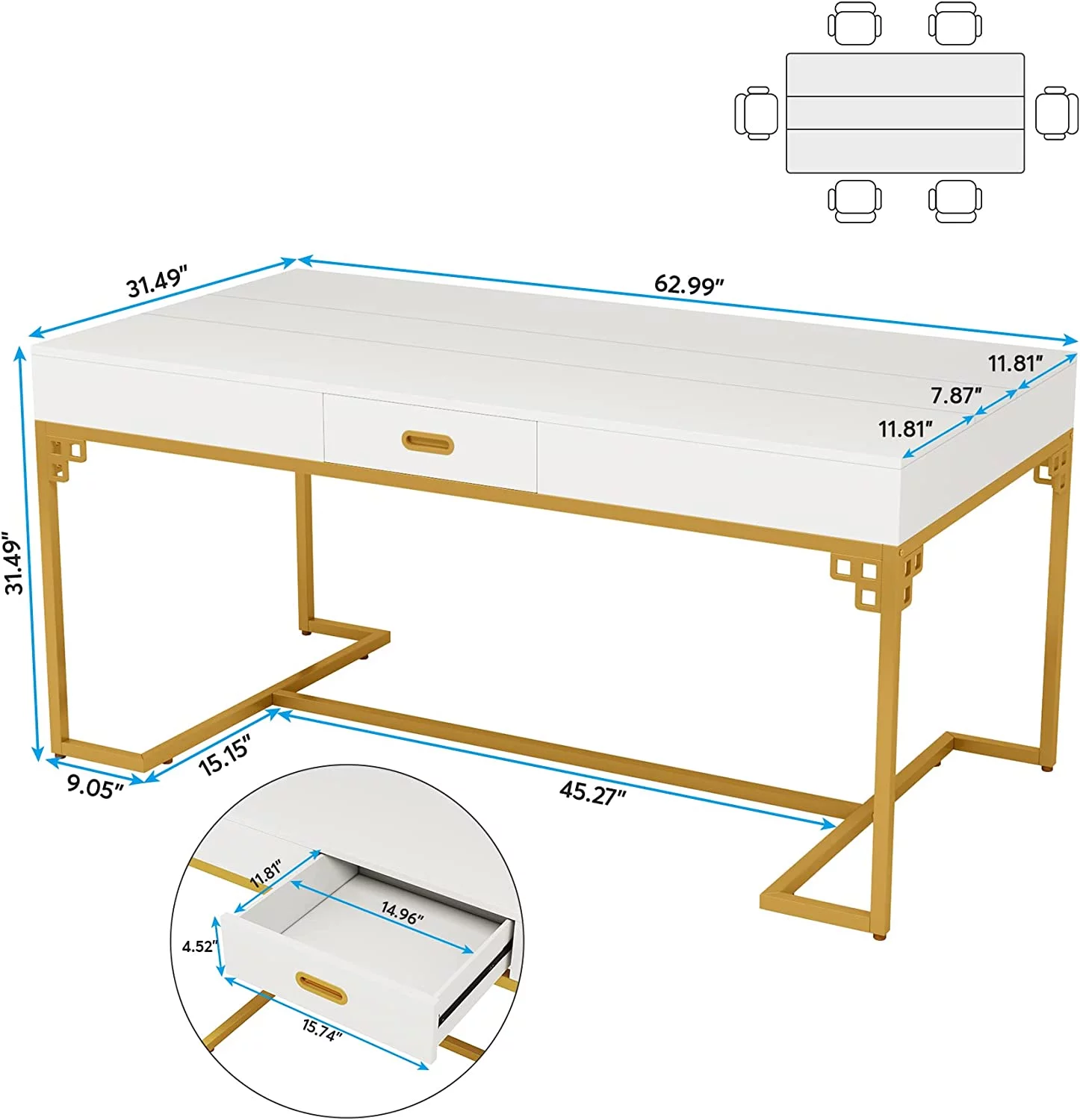 RUNFAYBIU 63 Inches Dining Table for 4 to 6  Rectangular Kitchen Table with 2 Drawers  Modern Dinner Table with Gold Metal Frame for Dining Room  Kitchen  White & Gold