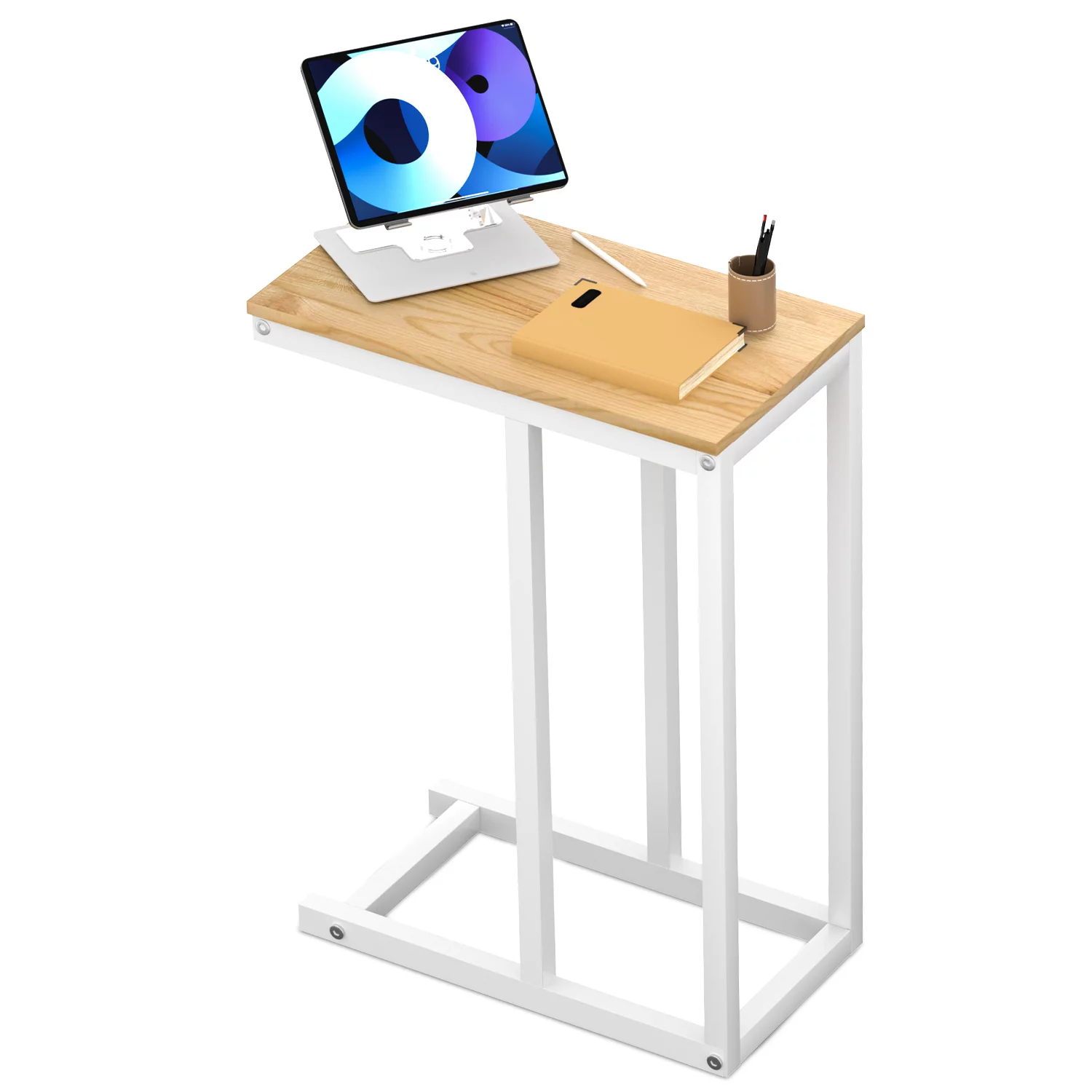 MoNiBloom Sofa Side Table TV Tray, C-Shape Rectangle Couch Coffee End Table Laptop Desk, for Home Office, Light Walnut