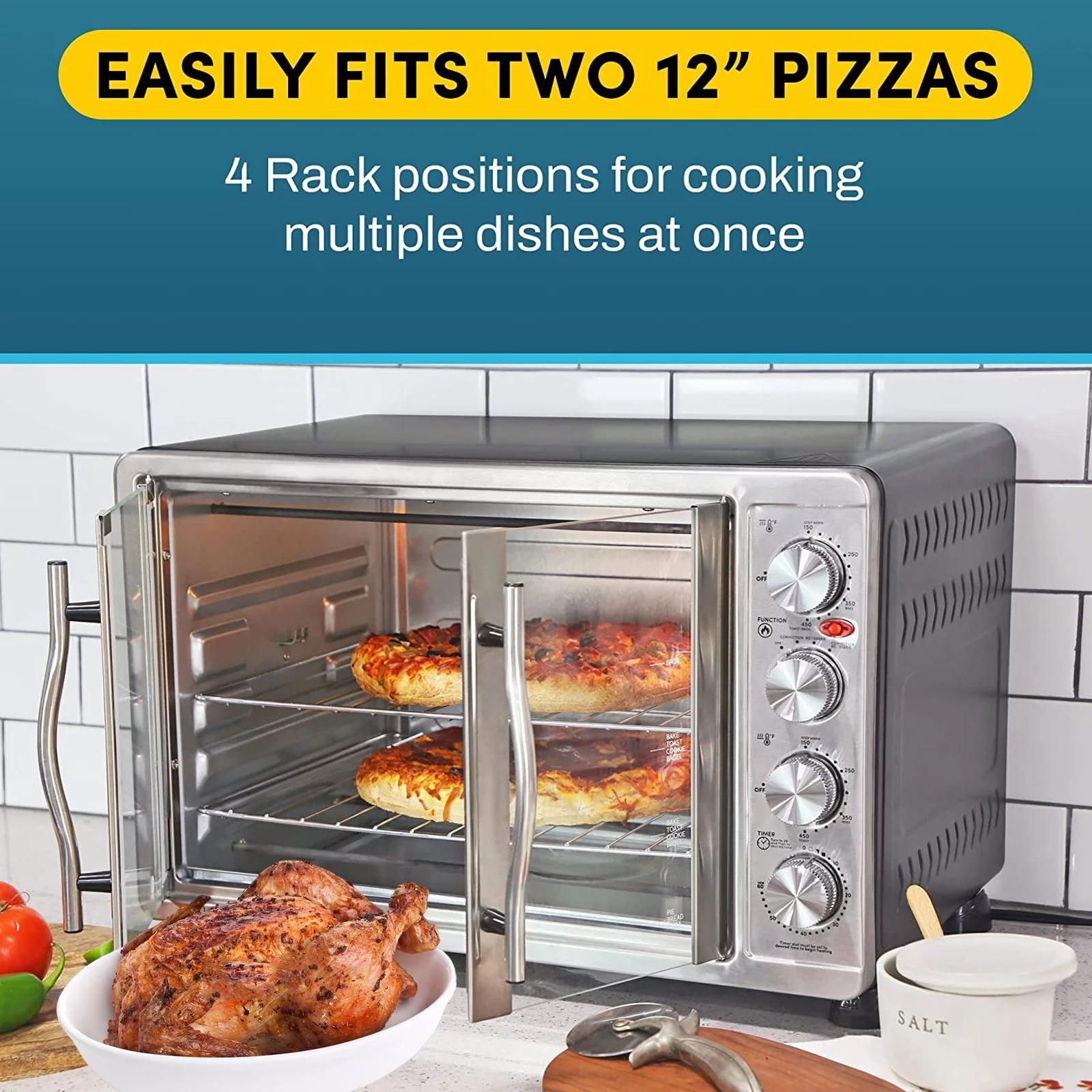 18-Slice Countertop Convection Oven - With 4-Control Knobs - Bake Broil Toast Rotisserie (Stainless Steel)