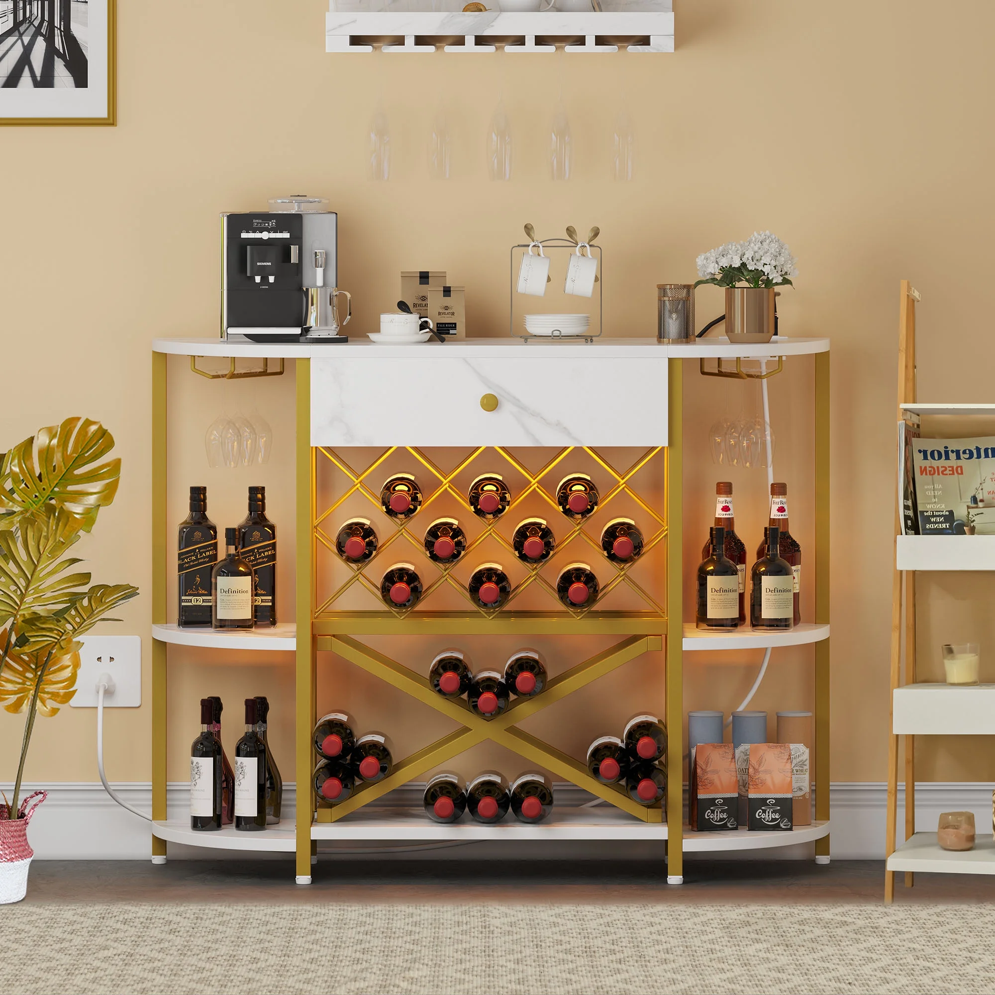 Dextrus Coffee Bar Wine Cabinet with LED Lights and Power Outlets, 3-Tier Wine Rack Table for Liquor with Glass Holder and Wine Rack Storage, Mini Wine Cabinet Bar Stand with Drawer, Gold and White