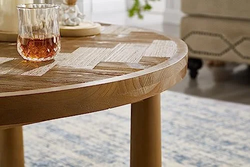 KHBIULIFE Living Room Central Round Table  Farmhouse Round Coffee Table  Round Wooden Rustic Natural Table with Thick Cylindrical Legs (Classic  35.43 X 35.43 X 18.31 in)