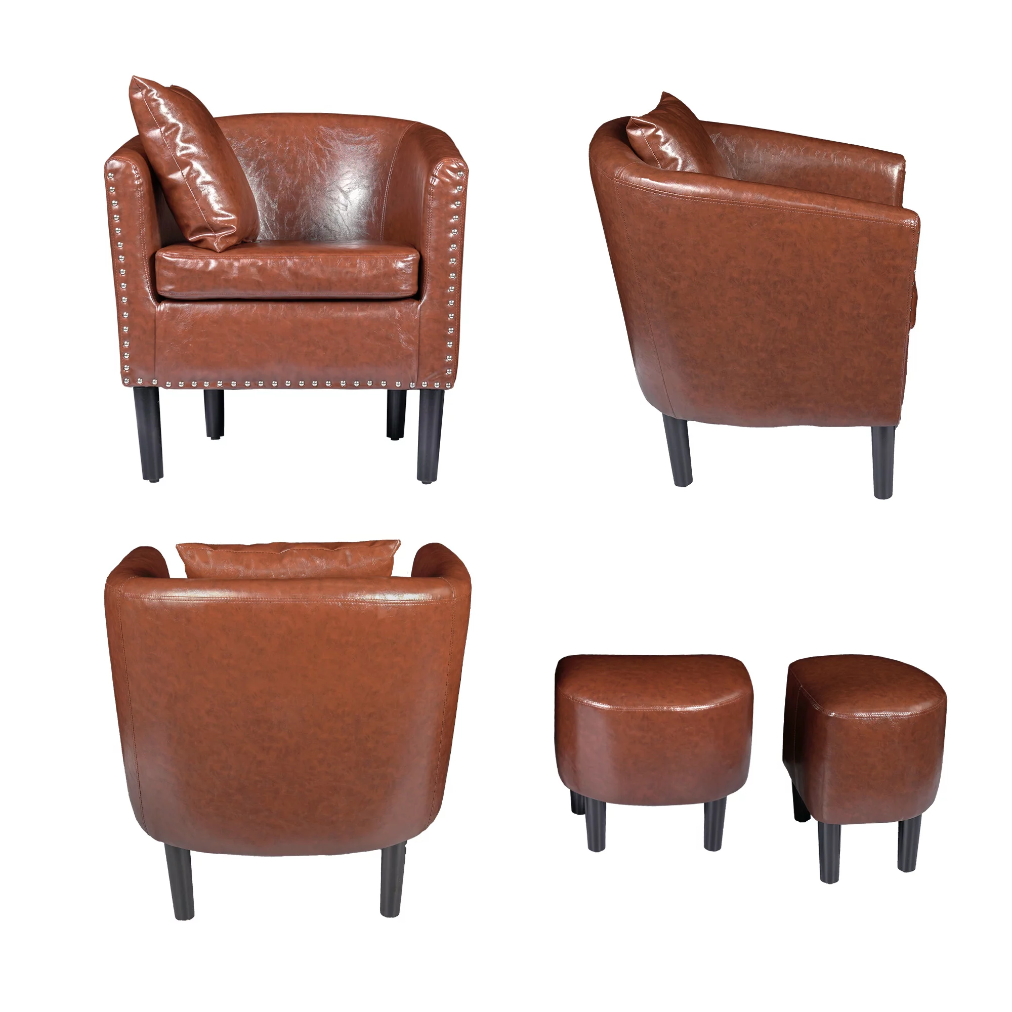 Living Room Chairs Faux Leather Modern Club Chair with Ottoman Cozy Arm Chair with 1 Pillow Brown