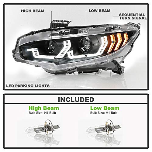 ACANII - For 2016-2021 Honda Civic Halogen Black LED Tube Sequential Turn Signal Projector Headlights Headlamps Assembly